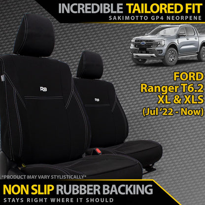 Ford Ranger T6.2 XL, XLS & Black Edition Neoprene 2x Front Row Seat Covers (In Stock)